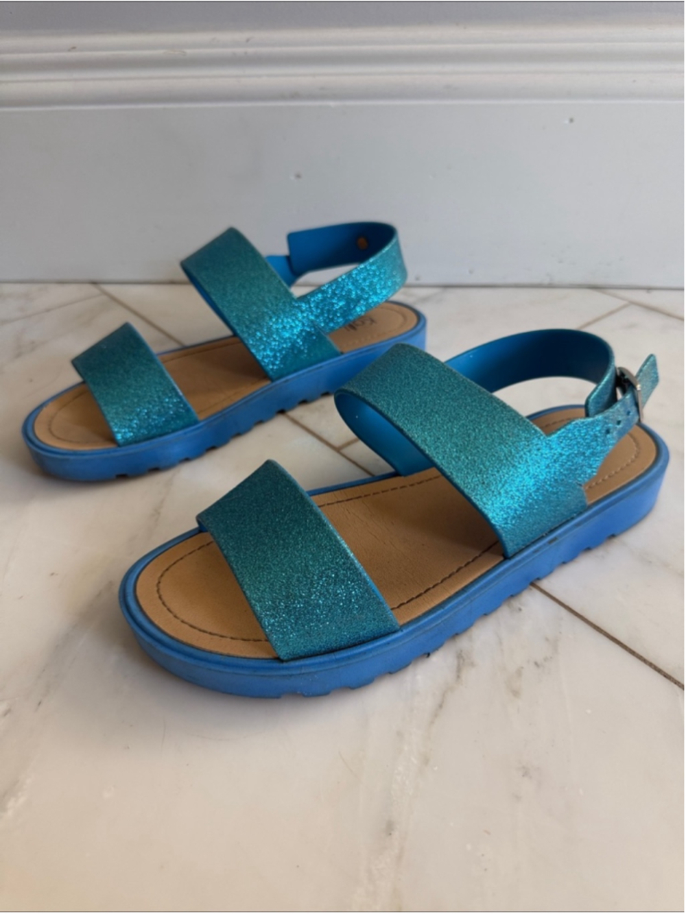 Kali blue glitter dual strap heel wrap buckled sandals women’s 9